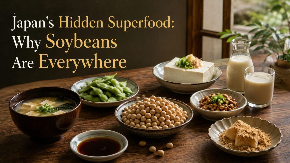 A Japanese table featuring soybeans, miso soup, soy sauce, tofu, natto, edamame, soy milk, and kinako mochi