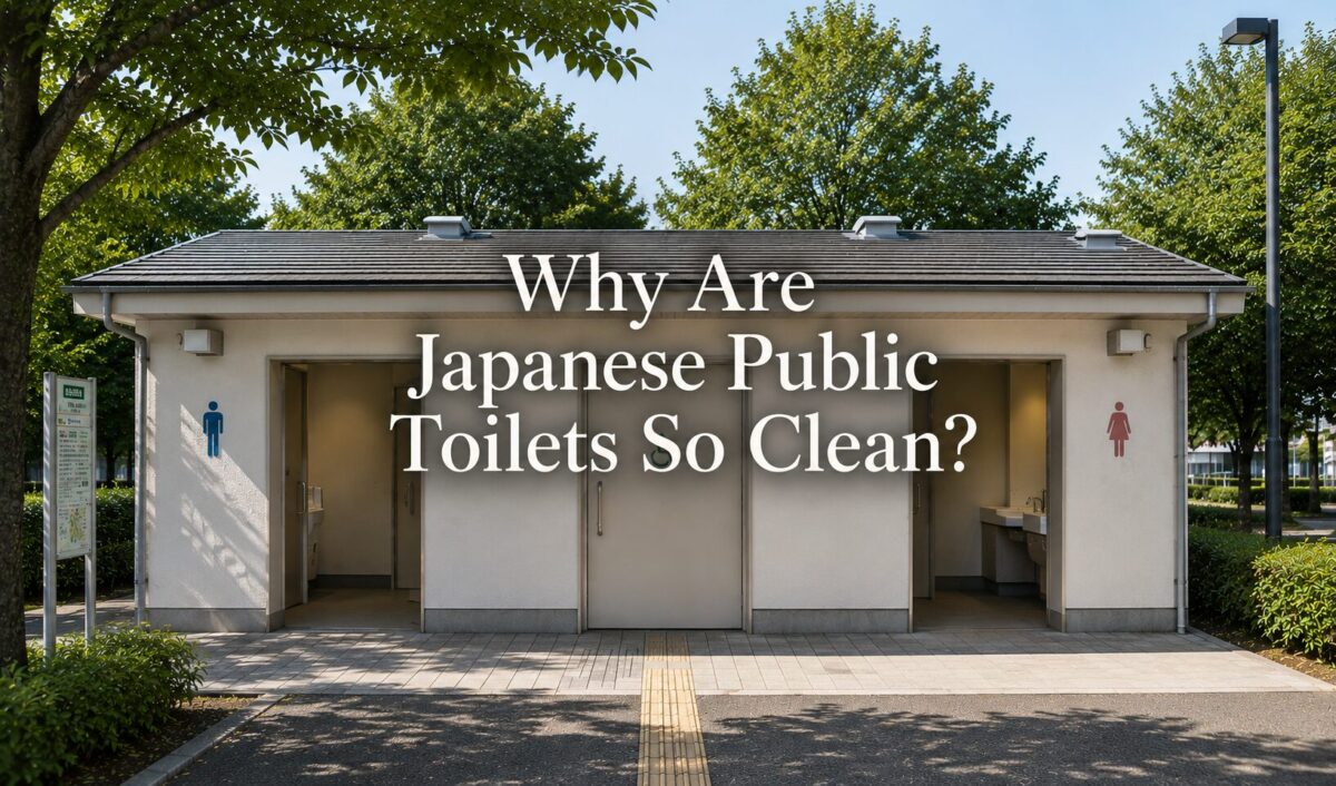 Modern Japanese public restroom in a park with separate entrances for men, women, and an accessible toilet.