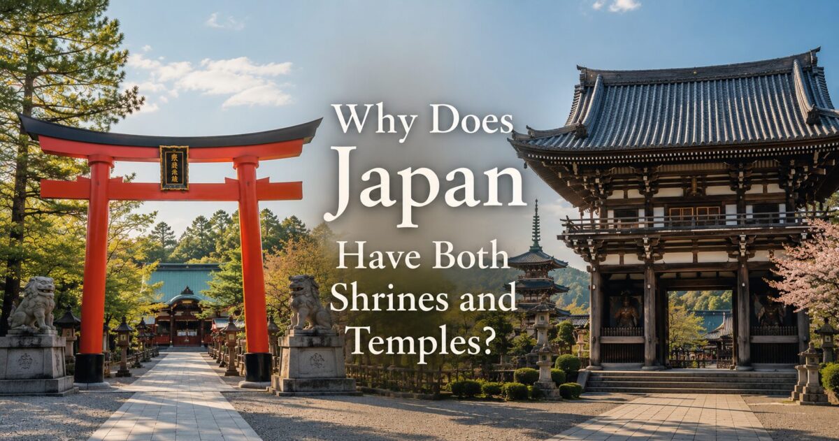A Shinto shrine torii gate and a Buddhist temple gate shown side by side in Japan
