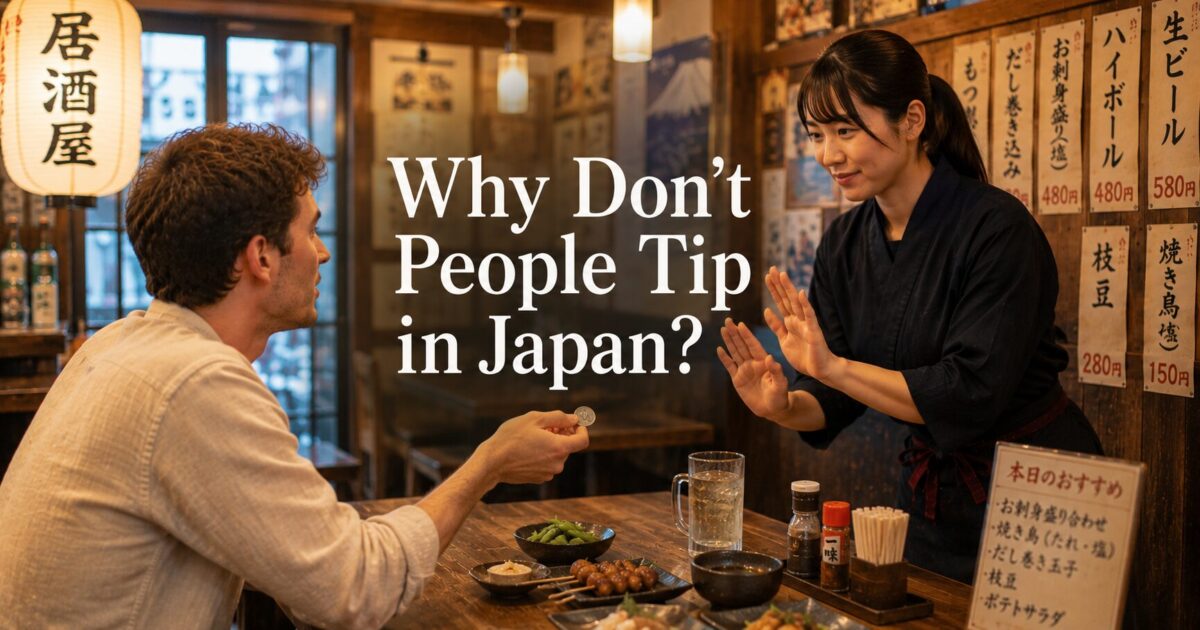 Foreign customer offering a tip at a Japanese izakaya while a staff member politely declines