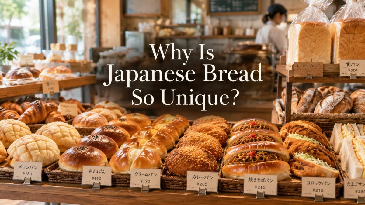 Freshly baked Japanese breads, including melon pan, anpan, curry bread, and yakisoba bread, displayed inside a traditional Japanese bakery.
