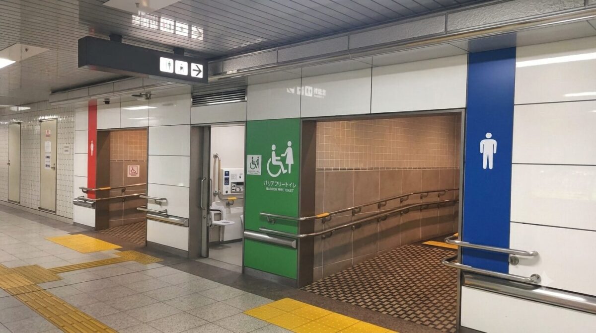 Color-coded restroom signs at a Japanese subway station. Blue male sign in the foreground, green barrier-free universal toilet in the center, and red female sign in the background.