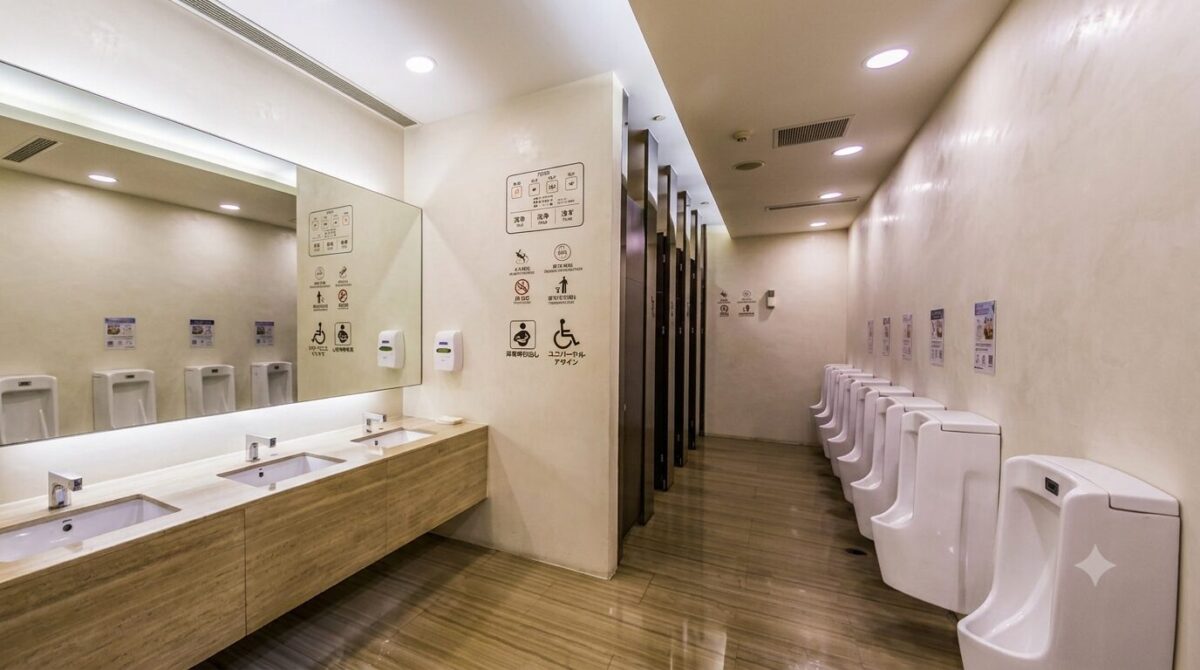 Interior view of a clean and modern Japanese public restroom with simple ivory plaster walls. It features wooden vanities and a large mirror on the left, a row of urinals on the right, and various pictogram signs in the center.