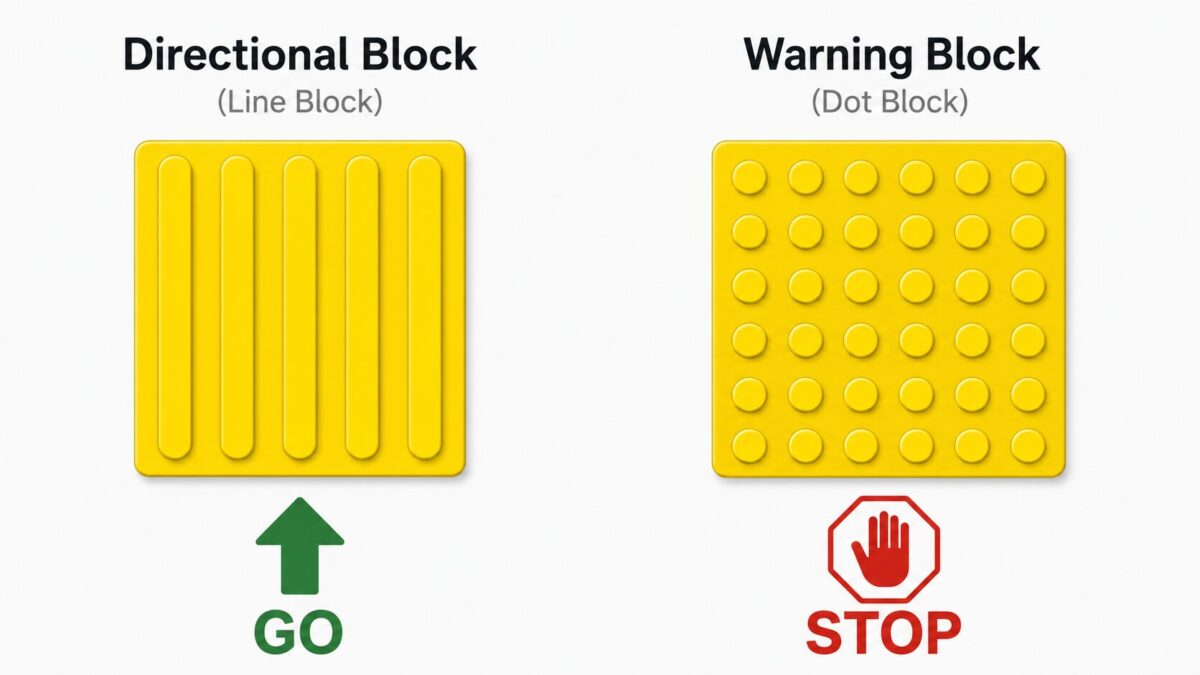 Comparison of a yellow directional line block and warning dot block used in Japanese tactile paving
