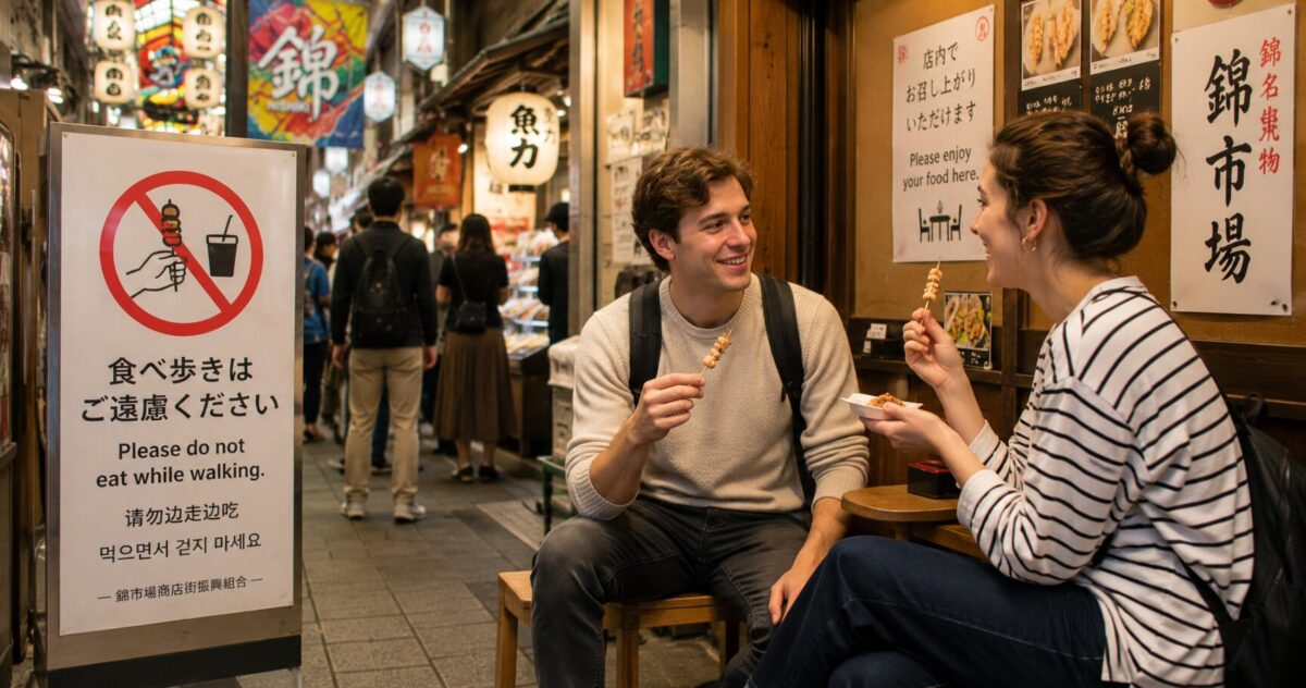 Visitors enjoying grilled skewers in a designated eating area at Nishiki Market in Kyoto.