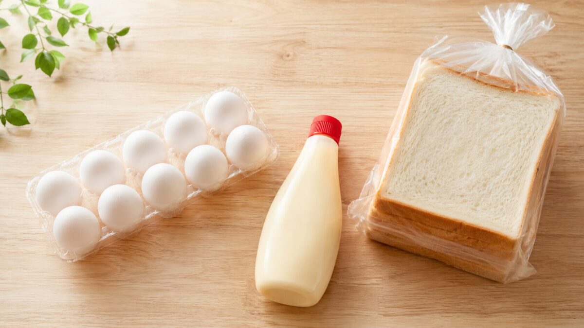 Simple ingredients for Japanese egg sandwiches: eggs, mayonnaise, and sliced bread