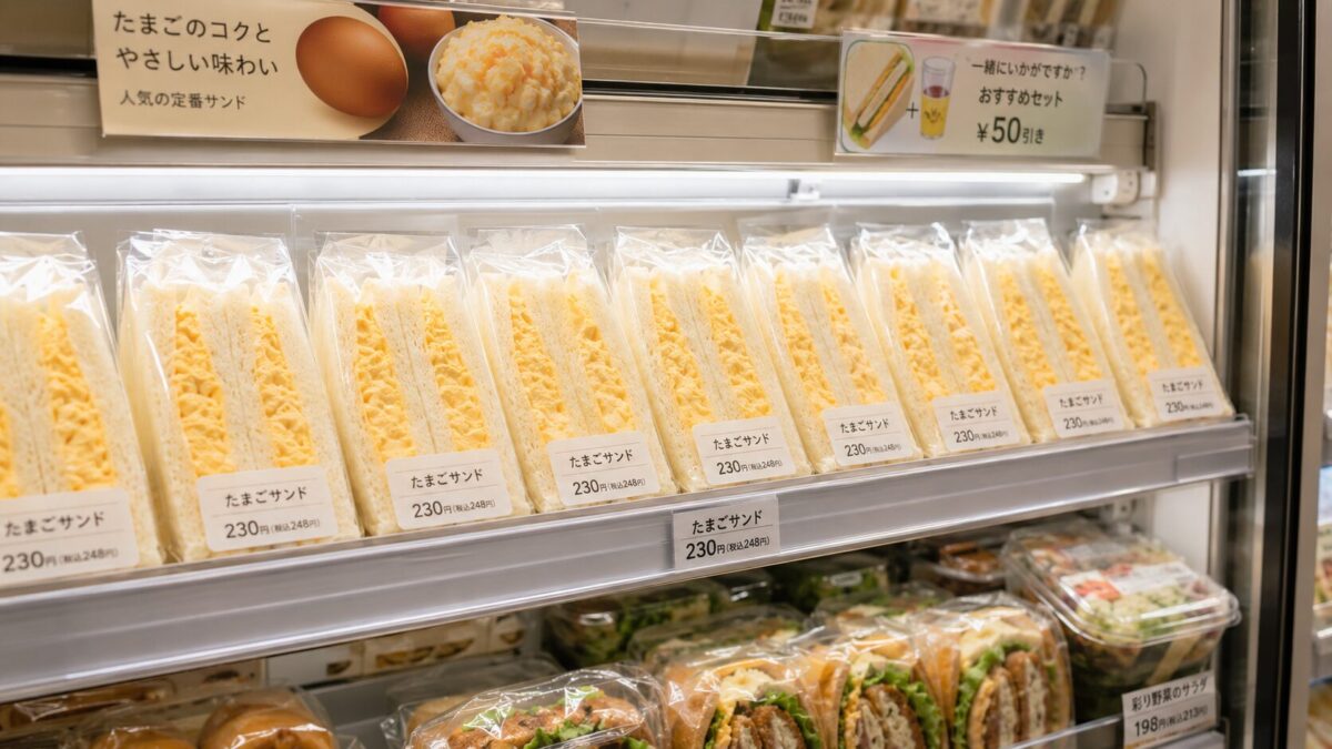 Packaged Japanese egg sandwiches displayed on a convenience store refrigerated shelf