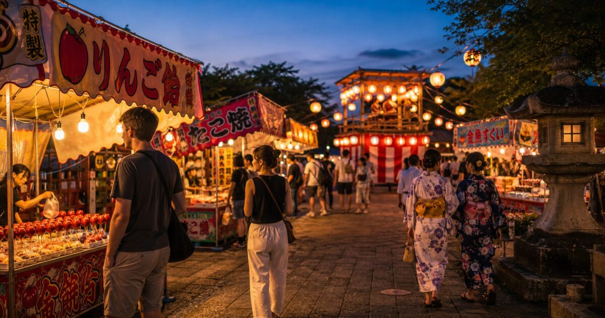 Visitors enjoying a Japanese summer festival in the evening after avoiding the daytime heat
