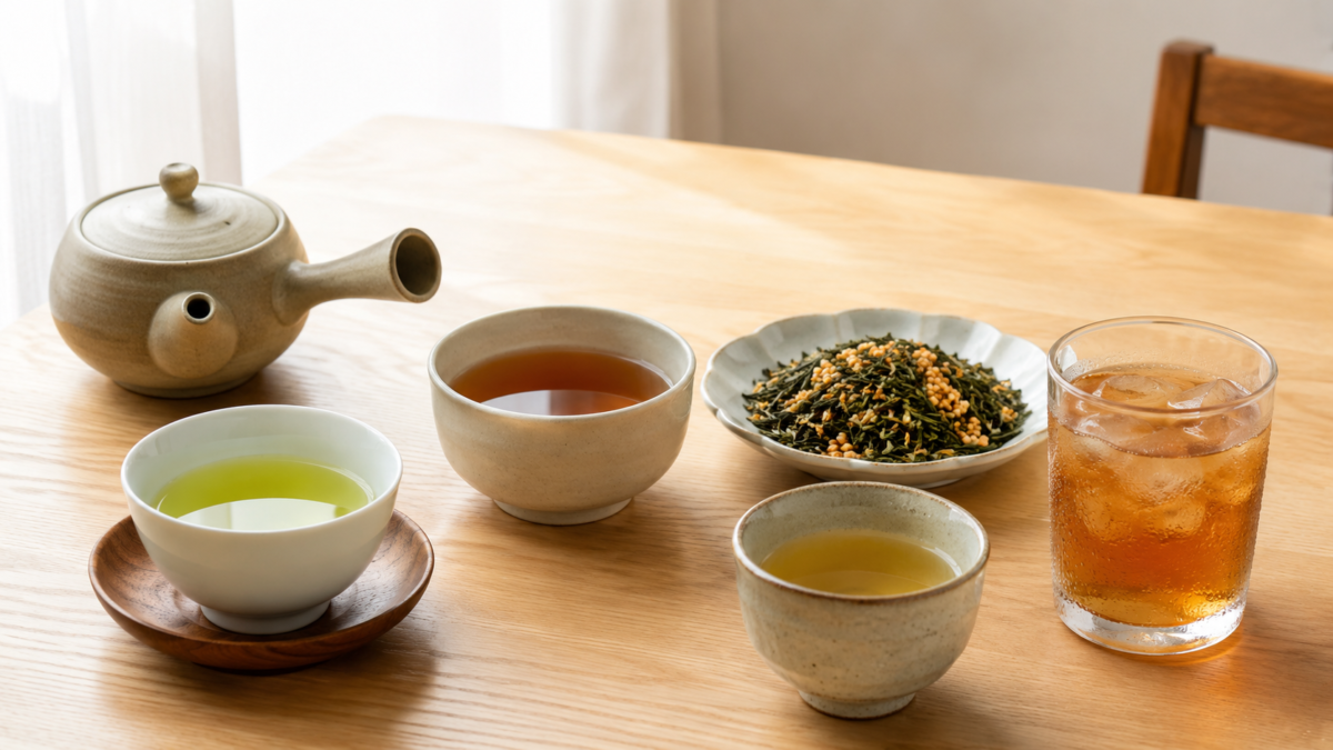 Sencha, hojicha, genmaicha, and cold mugicha arranged as everyday Japanese tea varieties