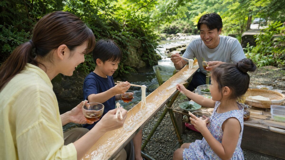 A family enjoys nagashi somen outdoors beside a stream, catching flowing noodles from a bamboo flume in a lush natural setting.