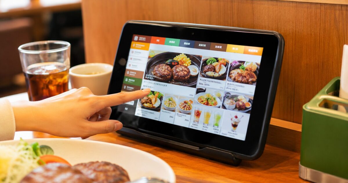 A customer using a tablet to order food at a family restaurant in Japan.