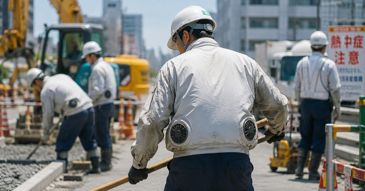 Outdoor workers in Japan wearing fan-equipped jackets during extreme summer heat