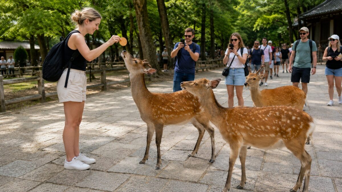 A visitor safely feeding deer crackers to a wild deer in Nara Park