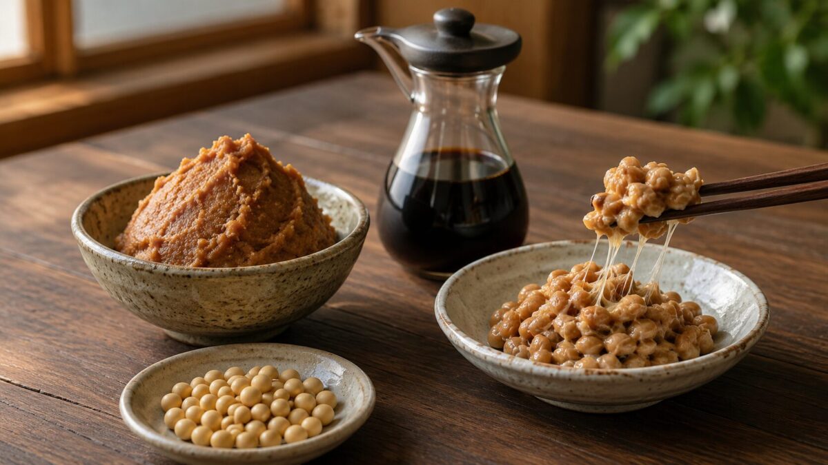 Miso, soy sauce, and natto arranged on a Japanese wooden table