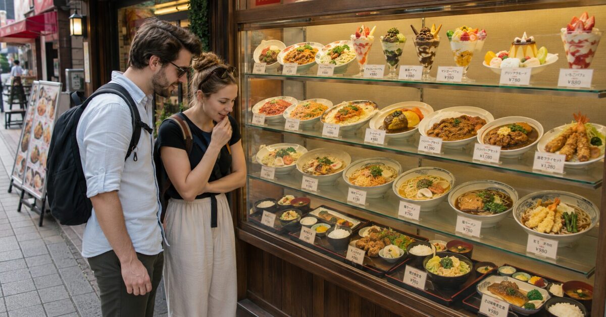 Two foreign tourists choosing a meal while looking at realistic Japanese food samples displayed outside a restaurant