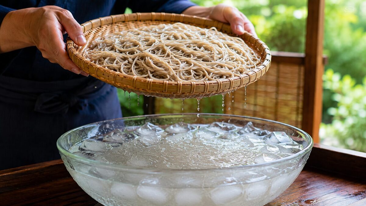A soba artisan drains freshly chilled noodles in a bamboo strainer above a large bowl of ice water.