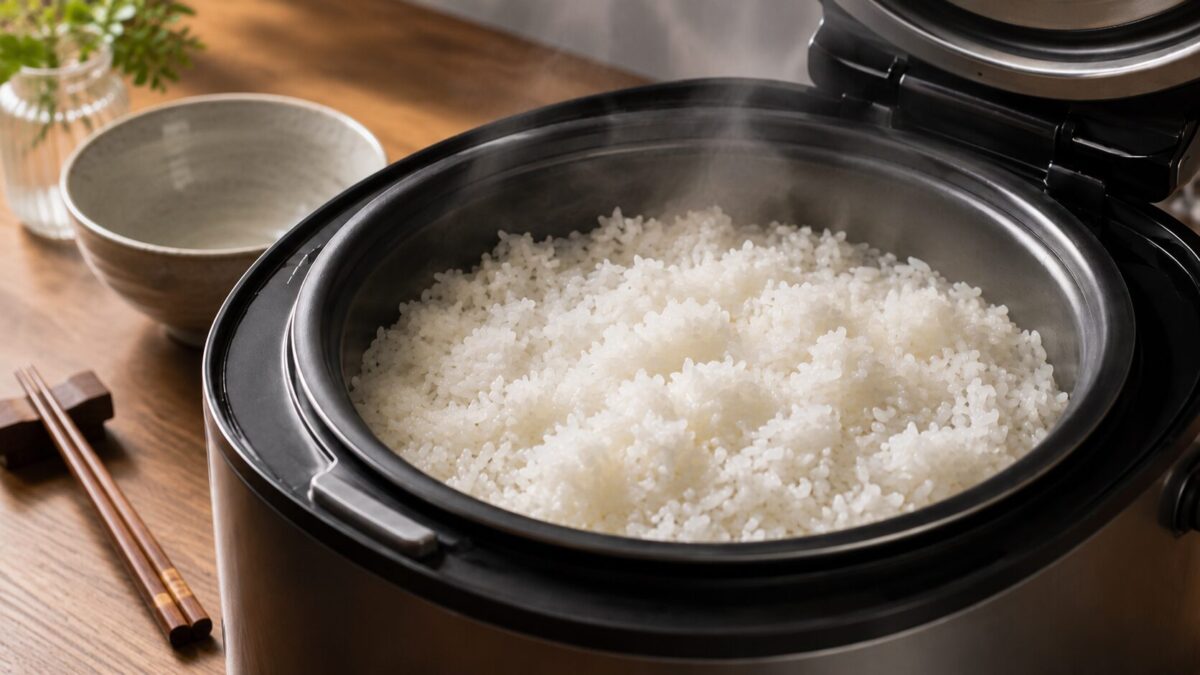 Freshly cooked Japanese short-grain rice in a rice cooker