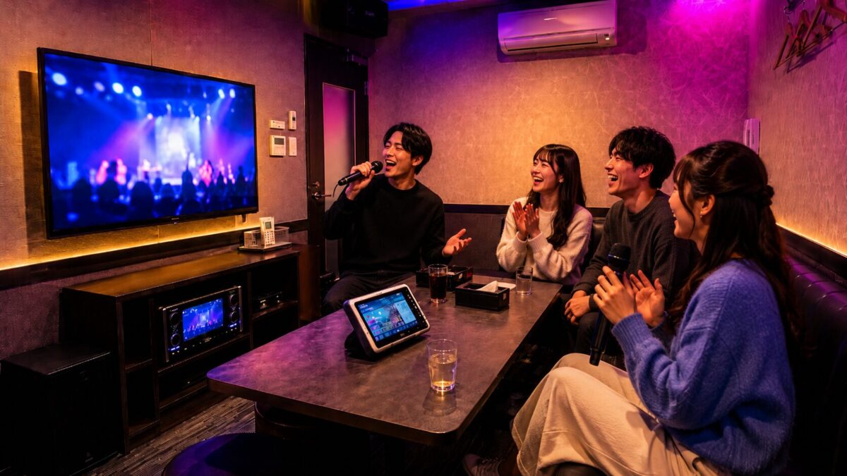Four friends singing, clapping, and laughing together inside a colorful private karaoke room in Japan
