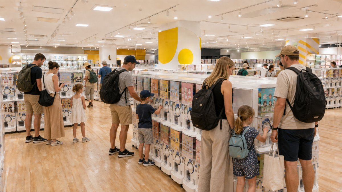 Rows of colorful gachapon capsule toy machines inside a large Japanese specialty store