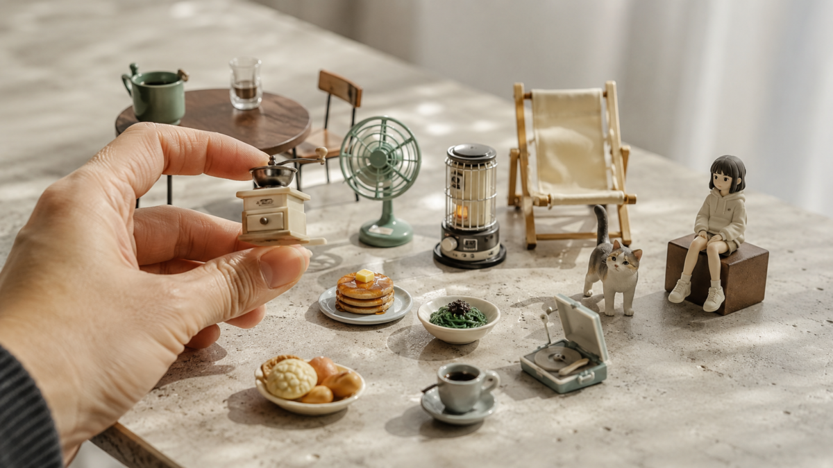 Assortment of Japanese capsule toys including miniatures, animals, and collectible figures
