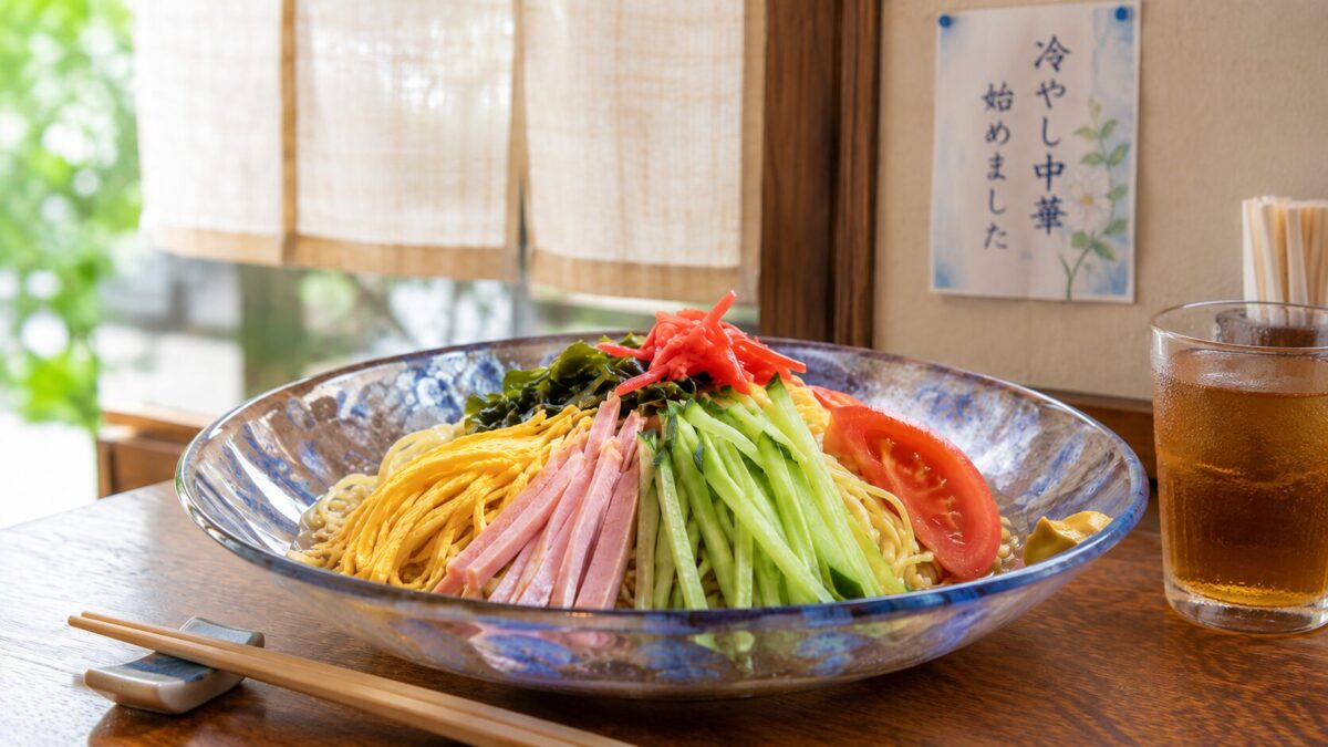 A colorful bowl of hiyashi chuka served with chopsticks and a glass of chilled barley tea in a casual Japanese restaurant.