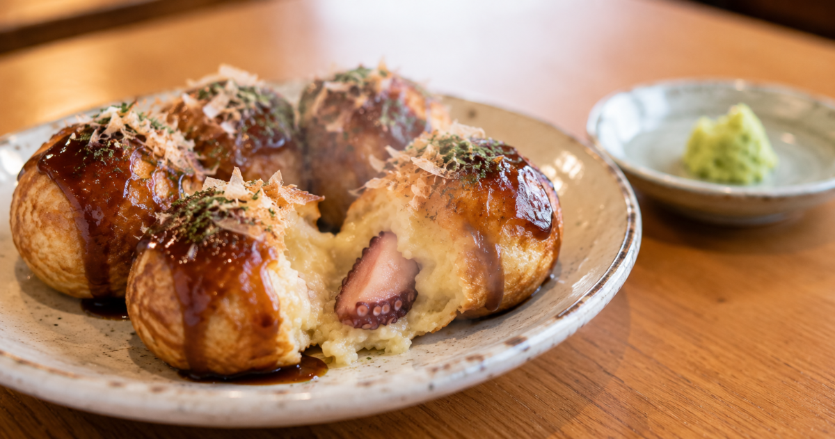 Freshly cooked takoyaki opened to release steam beside a small serving of wasabi