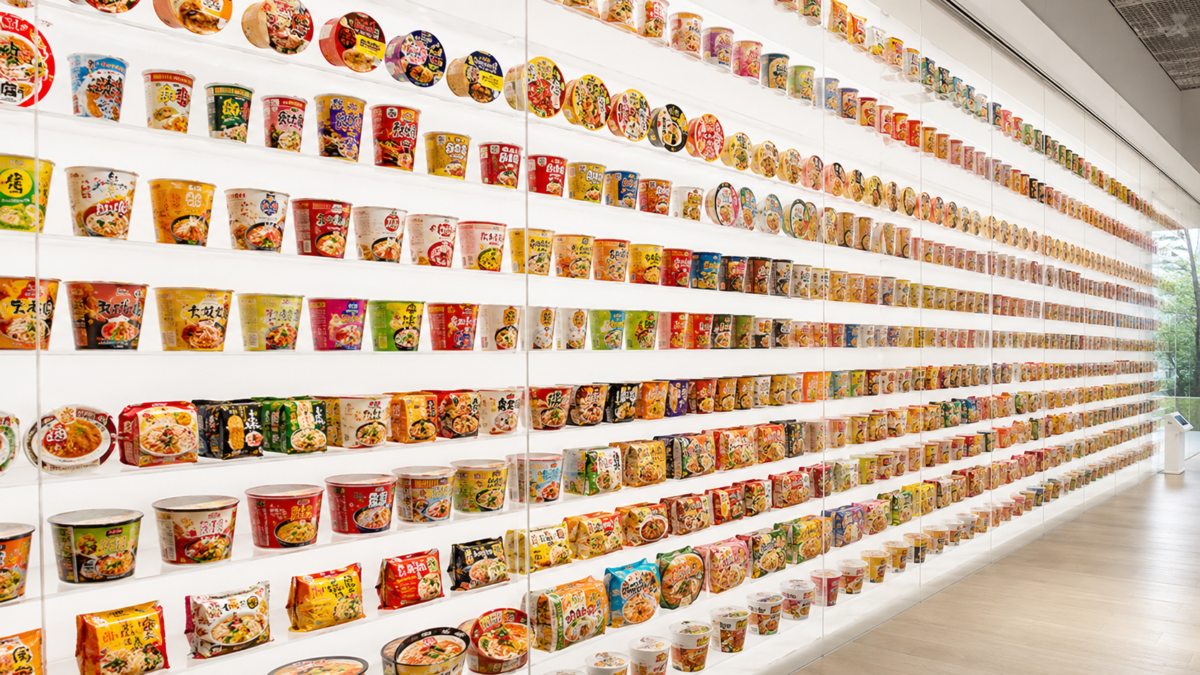 A bright display wall filled with many varieties of Japanese instant noodles and cup noodles