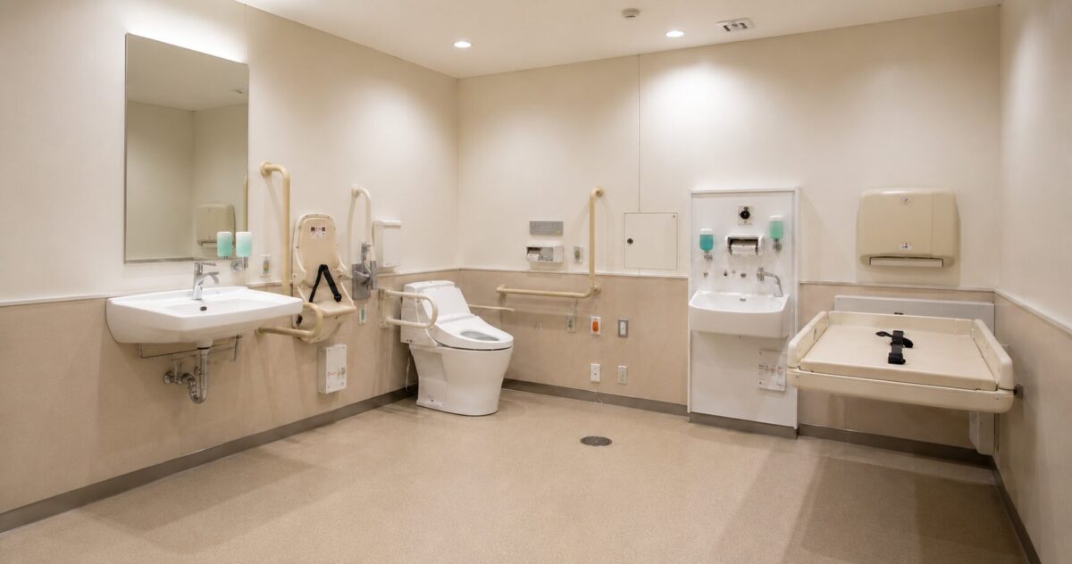 A spacious barrier-free public restroom in Japan with a sliding door, wheelchair-accessible layout, grab bars, a washlet toilet, baby changing station, and accessible facilities.