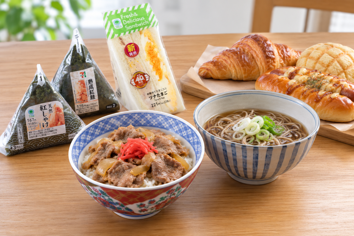 Gyudon, soba, bakery bread, and convenience-store food representing inexpensive everyday meals in Japan