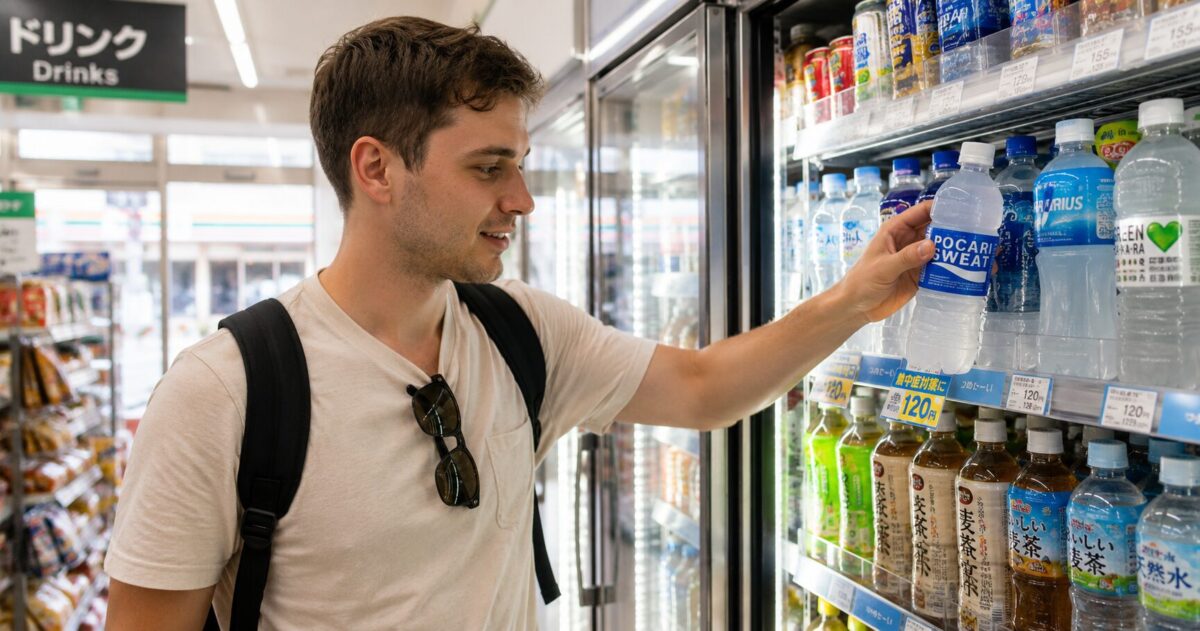 A foreign tourist choosing a cold sports drink from a refrigerated display inside a Japanese convenience store