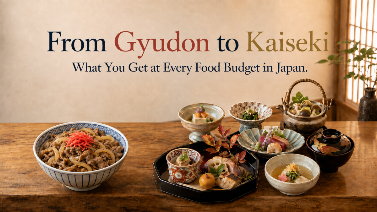 Japanese meals ranging from gyudon and ramen to sushi and kaiseki, showing different food budgets in Japan