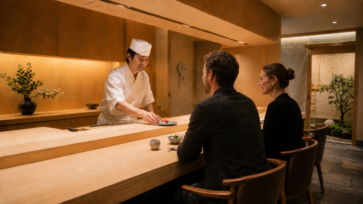 High-end sushi counter and seasonal kaiseki dishes representing luxury dining in Japan