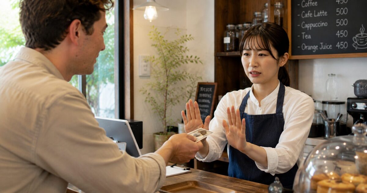 A café staff member in Japan politely refusing a tip offered by a foreign customer