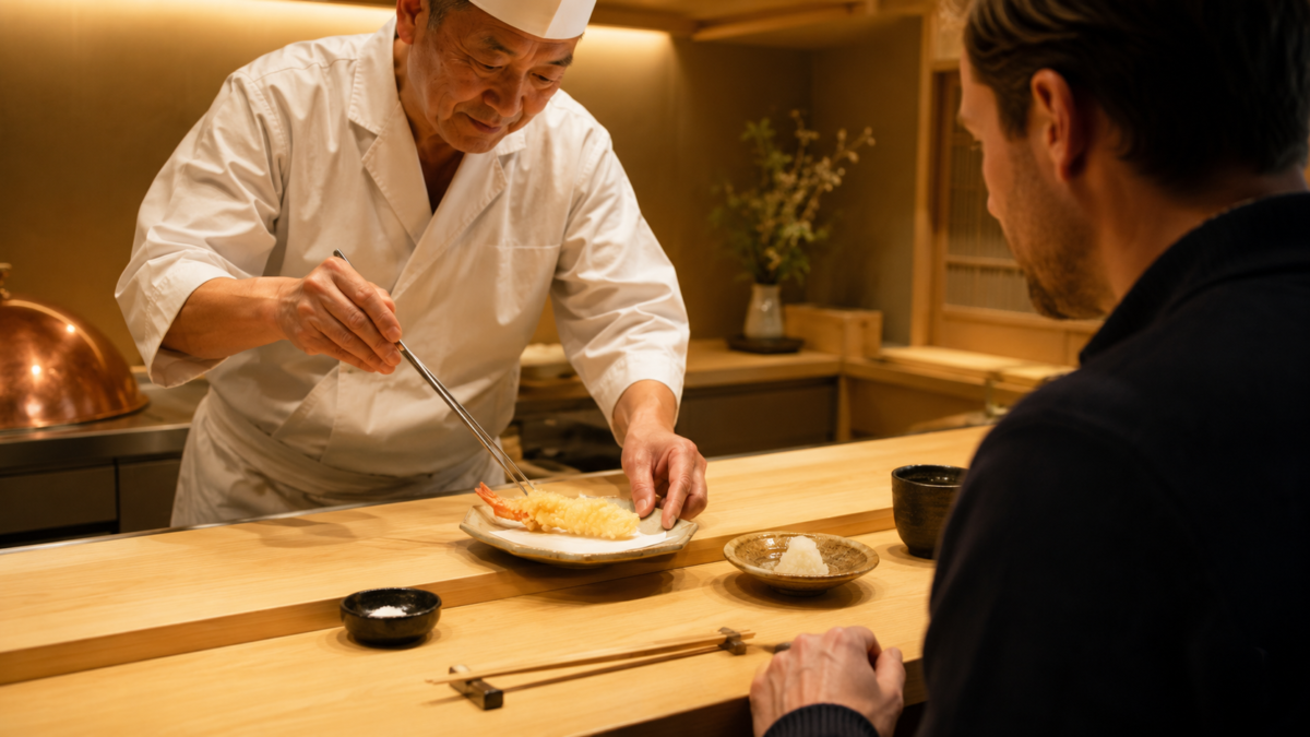 Japanese counter dining with tempura, sukiyaki, and carefully served dishes