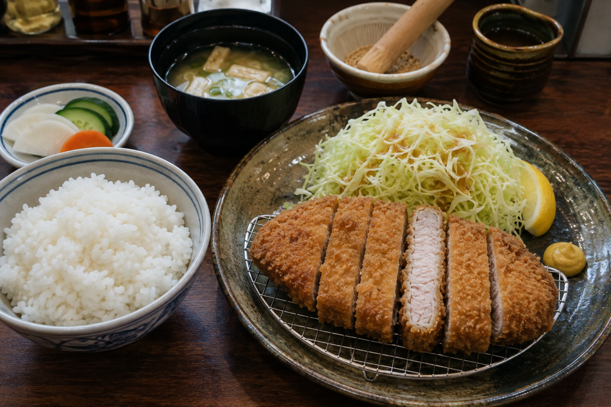 Japanese tonkatsu set meal with sliced pork cutlet, shredded cabbage, rice, miso soup, and pickles
