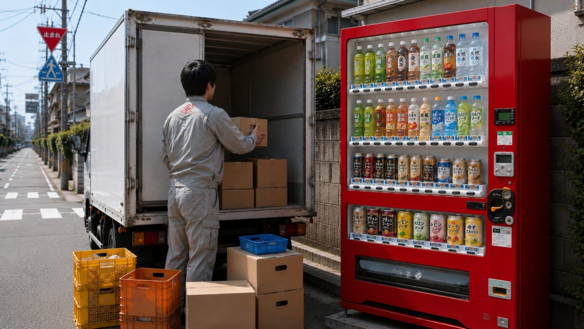 A vending machine delivery worker restocking drinks in a Japanese residential neighborhood.