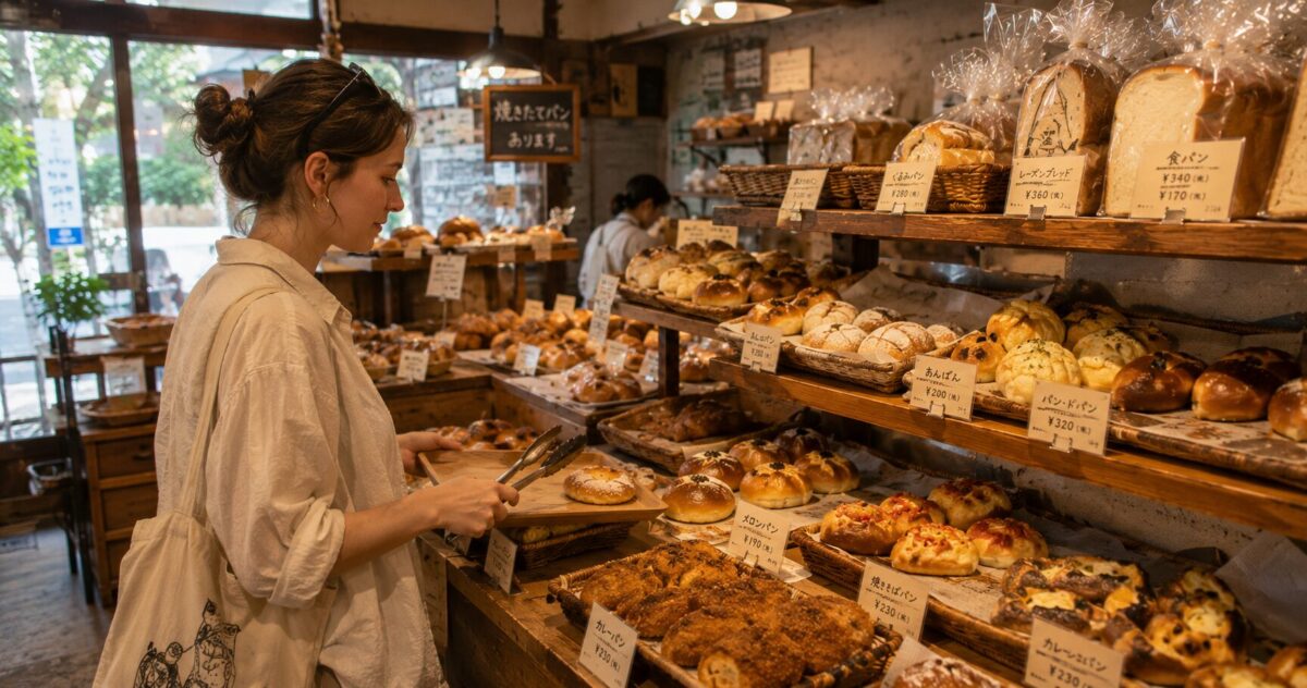 Foreign tourist browsing freshly baked breads with a tray and tongs inside a traditional Japanese bakery.