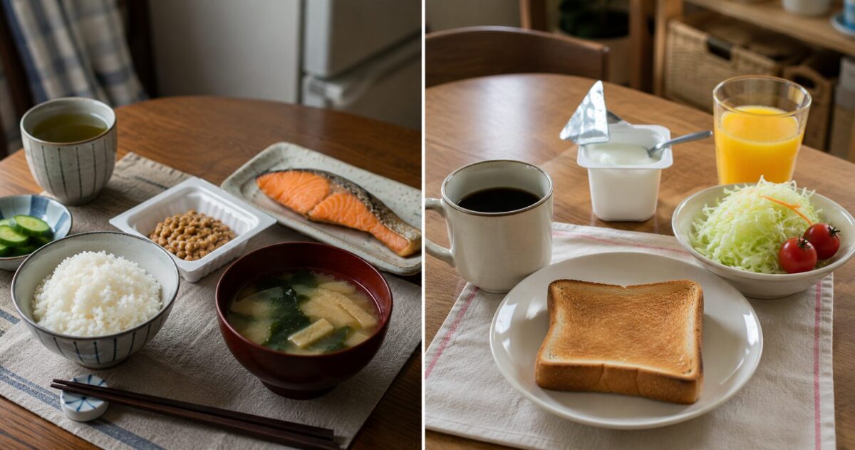 Traditional Japanese breakfast and Western-style breakfast commonly eaten in Japan.