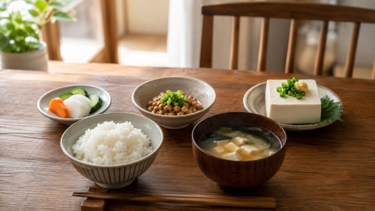 Traditional Japanese breakfast with white rice, miso soup, natto, chilled tofu, and pickles