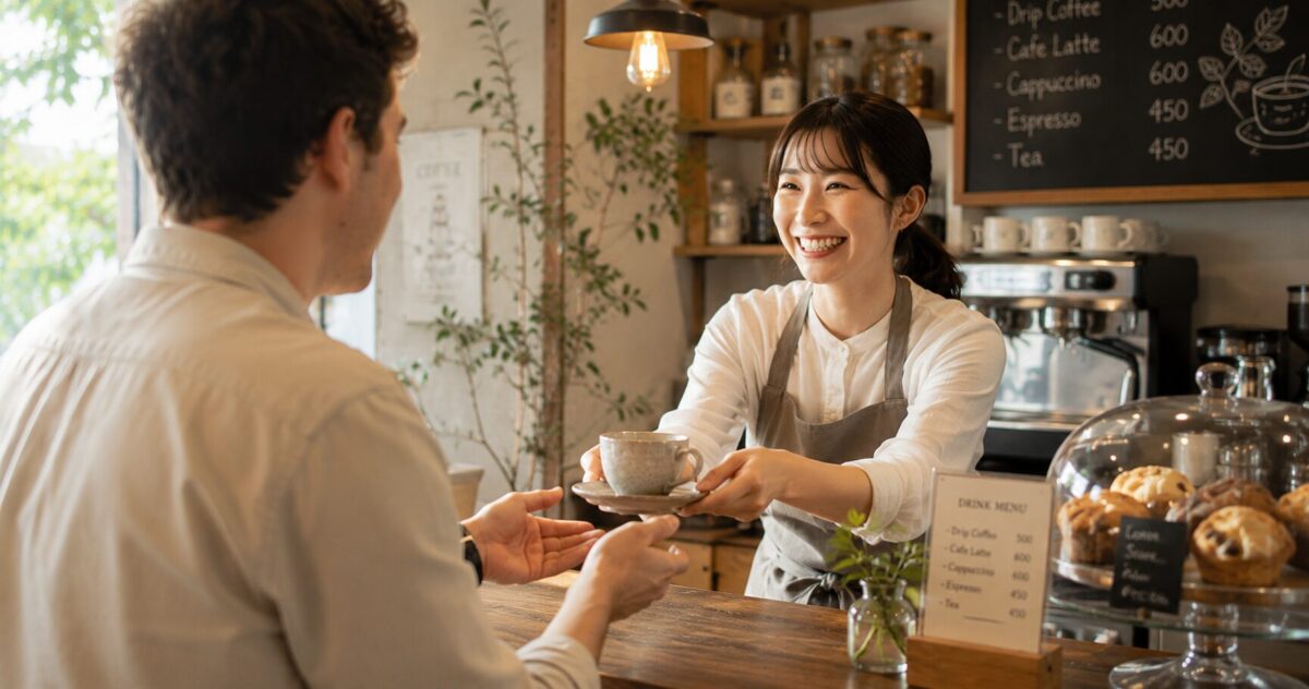 A café staff member in Japan serving a drink to a foreign customer with a smile