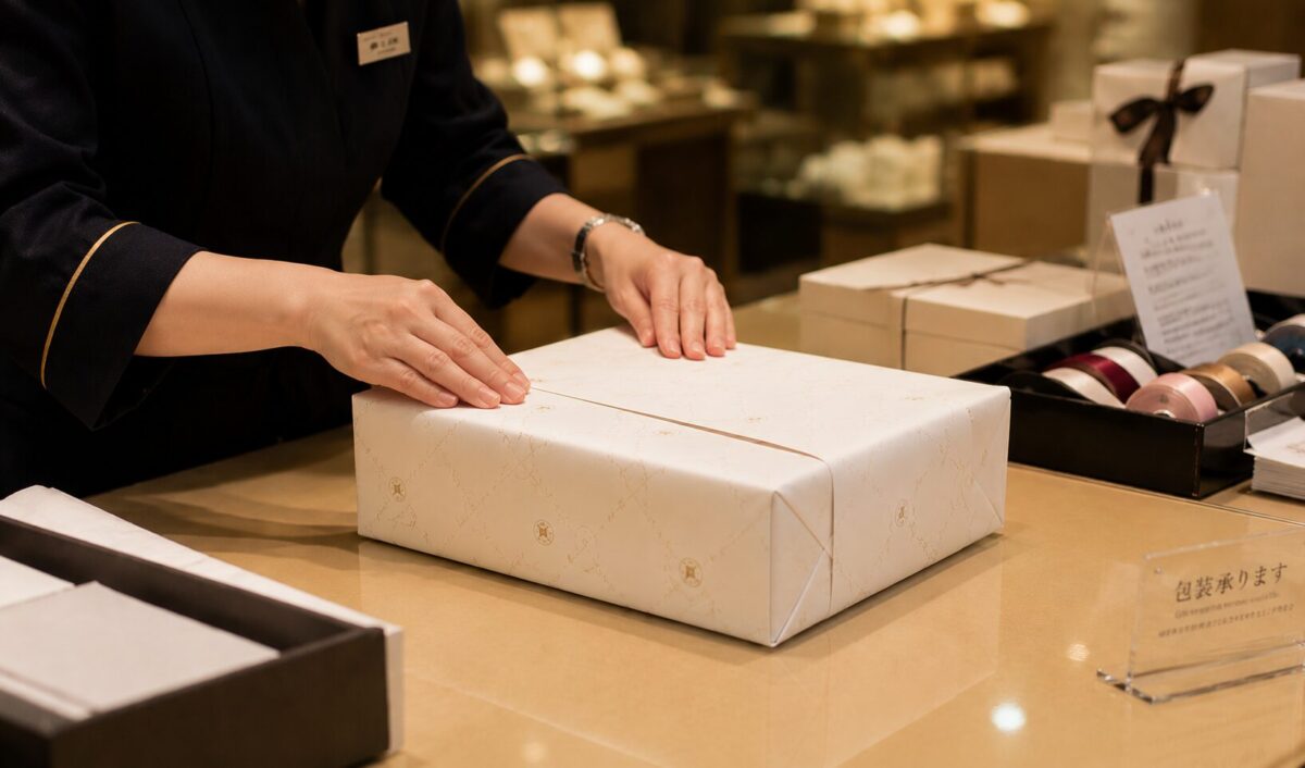 Close-up of a Japanese department store staff's hands expertly wrapping a boxed gift using the traditional diagonal wrapping technique, with colorful ribbons and wrapped boxes on the counter.