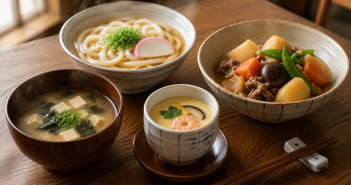 Miso soup, udon, chawanmushi, and simmered dishes made with dashi.