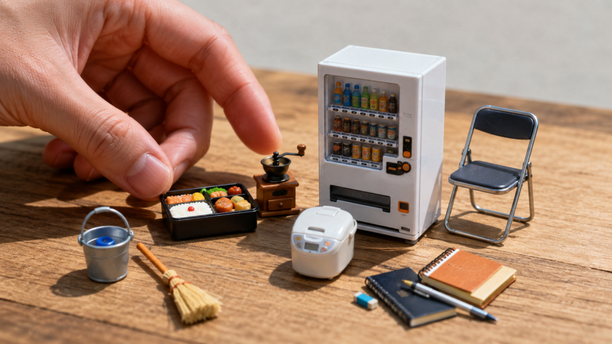 Tiny gachapon miniatures of food, stationery, appliances, and everyday Japanese objects
