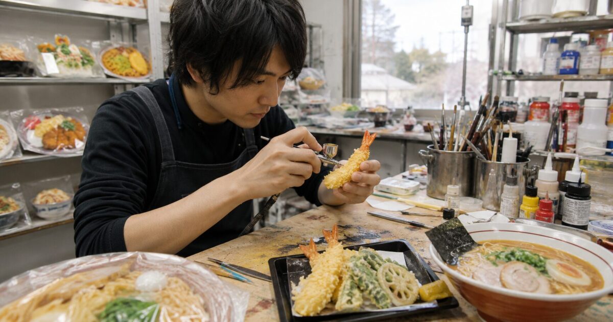 A Japanese craftsman carefully painting a realistic food sample by hand in a workshop