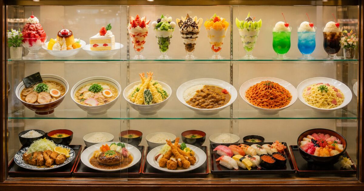 Realistic Japanese food samples displayed in a restaurant showcase