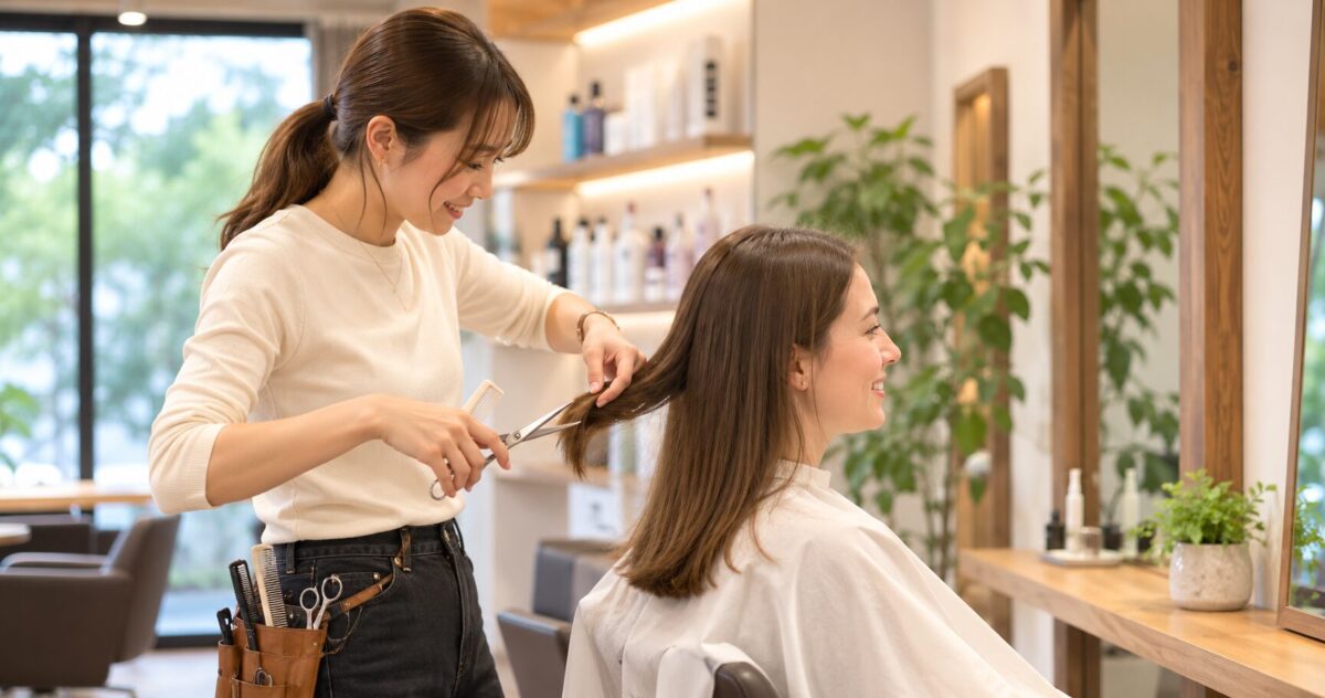 A hairstylist cutting a foreign customer's hair at a Japanese hair salon.