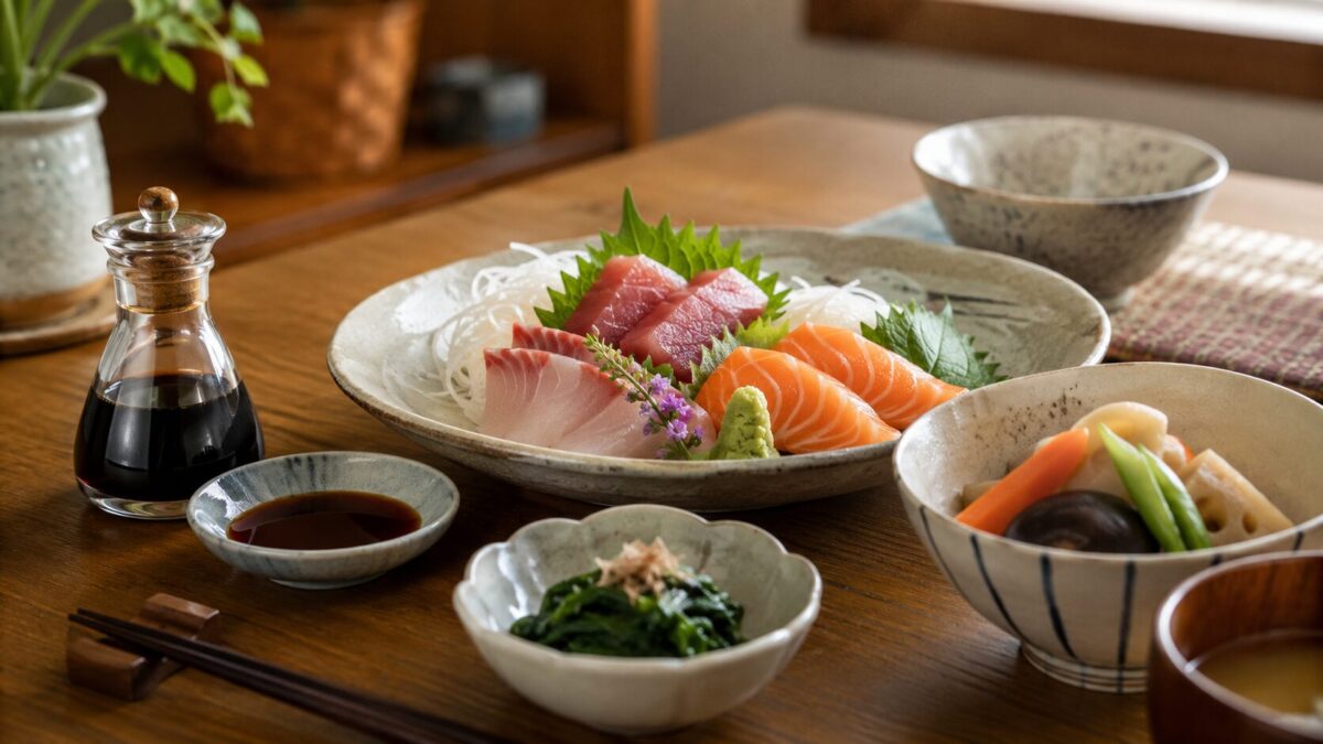 Japanese home dinner with sashimi, ohitashi, simmered vegetables, and soy sauce