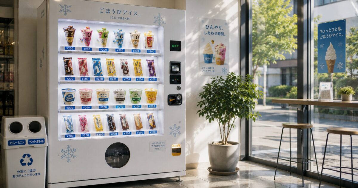 A modern white ice cream vending machine standing in a sunlit Japanese cafe corner next to a recycling bin, displaying a variety of colorful ice cream cones and cups with clear Japanese text posters on the wall