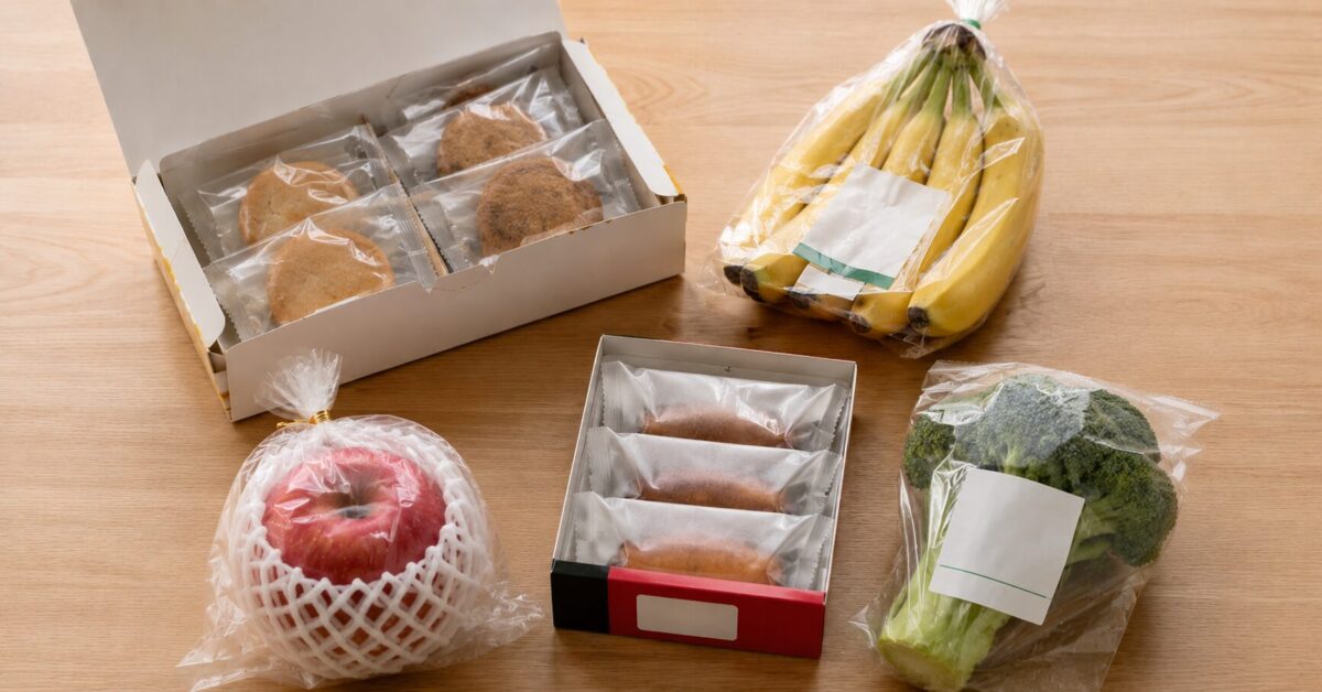 Assorted Japanese snacks and sweets on a wooden table, including a box of individually wrapped cookies, a packaged butter cookie, a milk chocolate bar, a pudding cup, and a caffé latte carton.