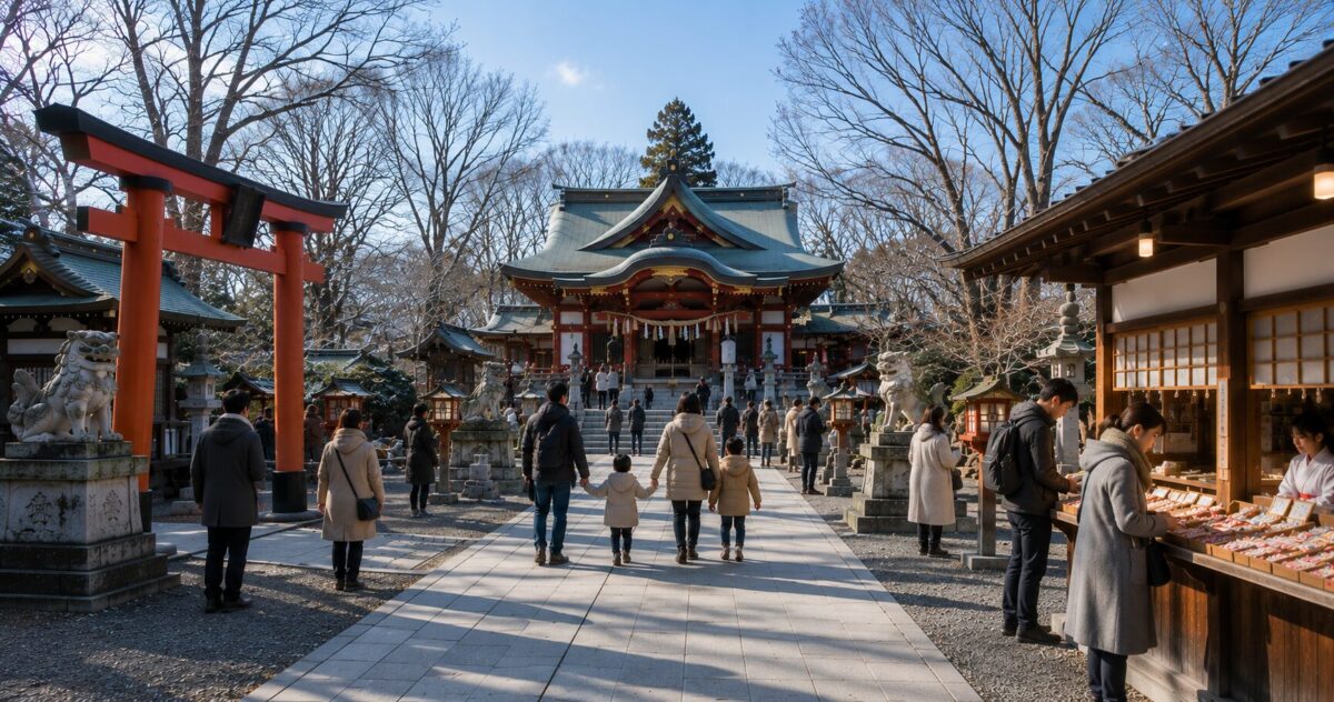 People visiting a Shinto shrine during the New Year holiday in Japan